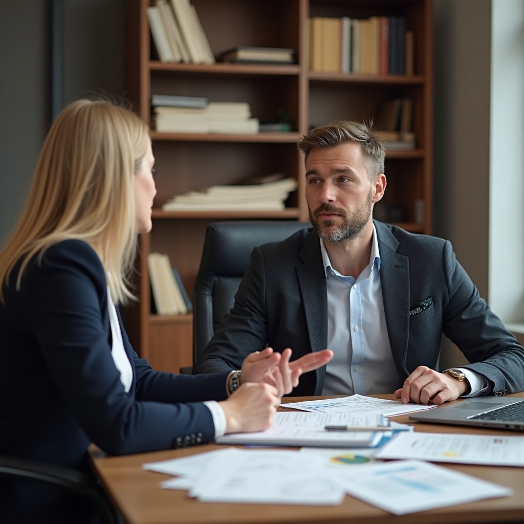 Business owner meeting with accountant at a desk, reviewing documents together in a professional office setting