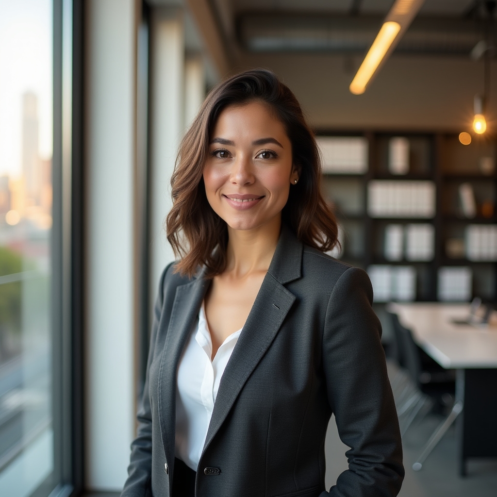 Confident business owner standing in modern office looking at camera with natural light