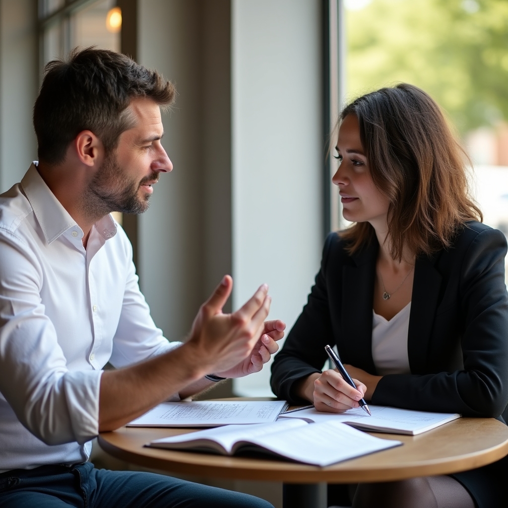Two participants discussing financial concepts with an open notebook between them