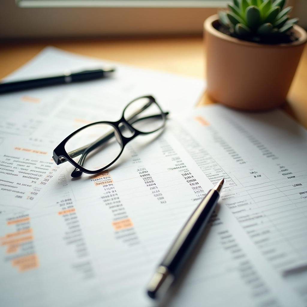 Financial documents and balance sheet papers spread on a wooden desk with reading glasses