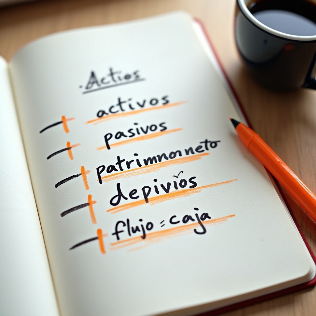 Handwritten notes on a notepad with key financial terms circled and underlined