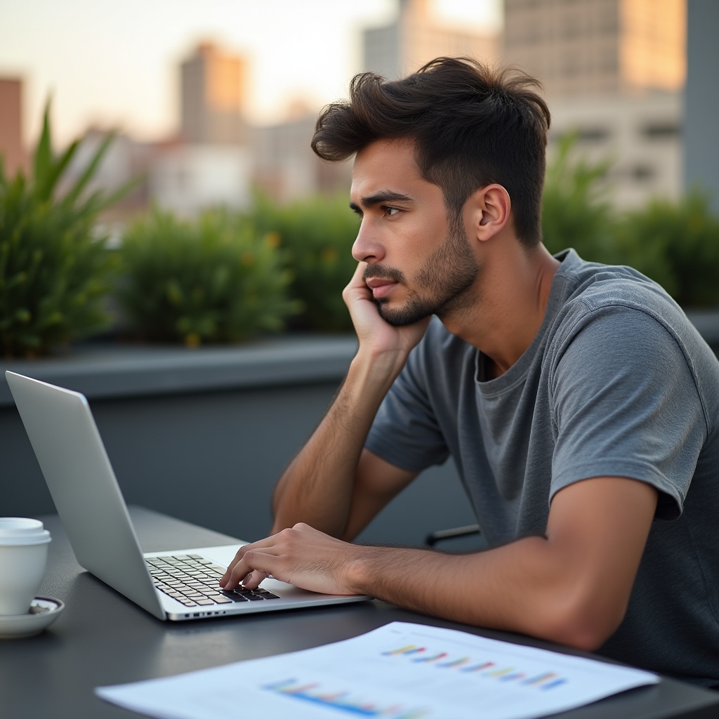 Business owner studying financial numbers on a laptop in a bright modern workspace with coffee nearby