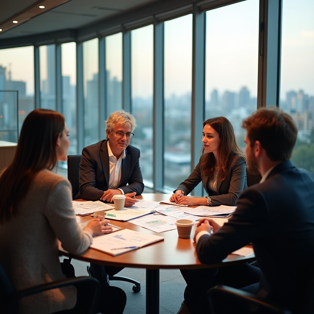 Small group of business owners working around a table with financial documents