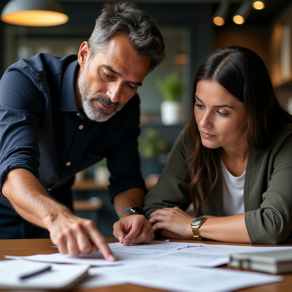 Trainer pointing at financial document while explaining concepts to a business owner at a table