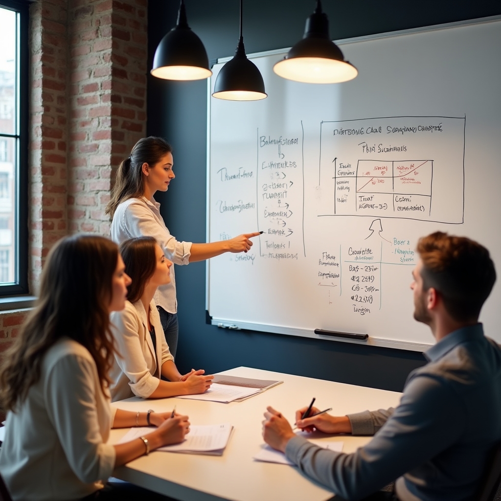 Training session with a whiteboard showing financial diagrams and a small group of business owners